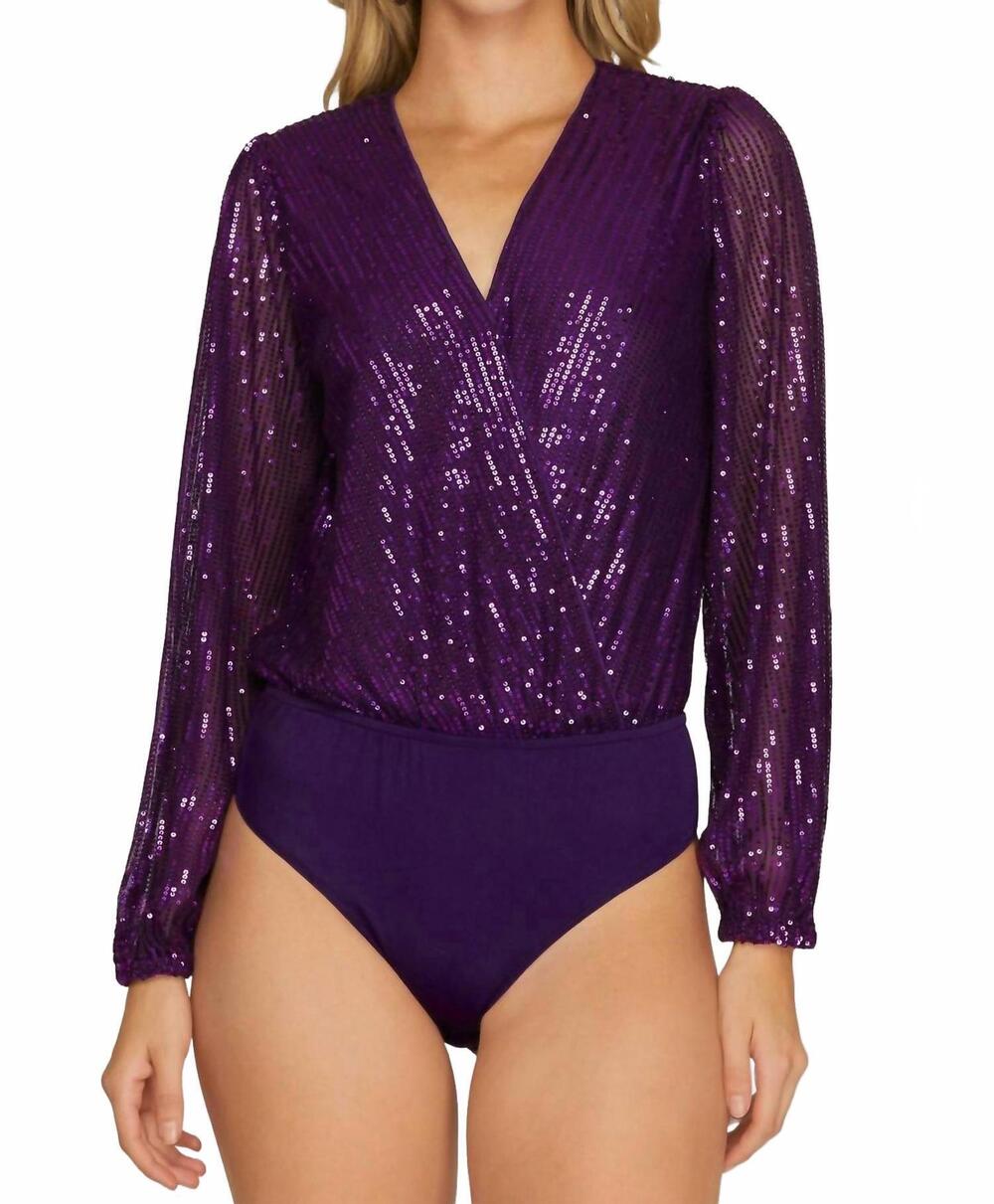 NEW SHE + SKY metallic sequin body suit in purple